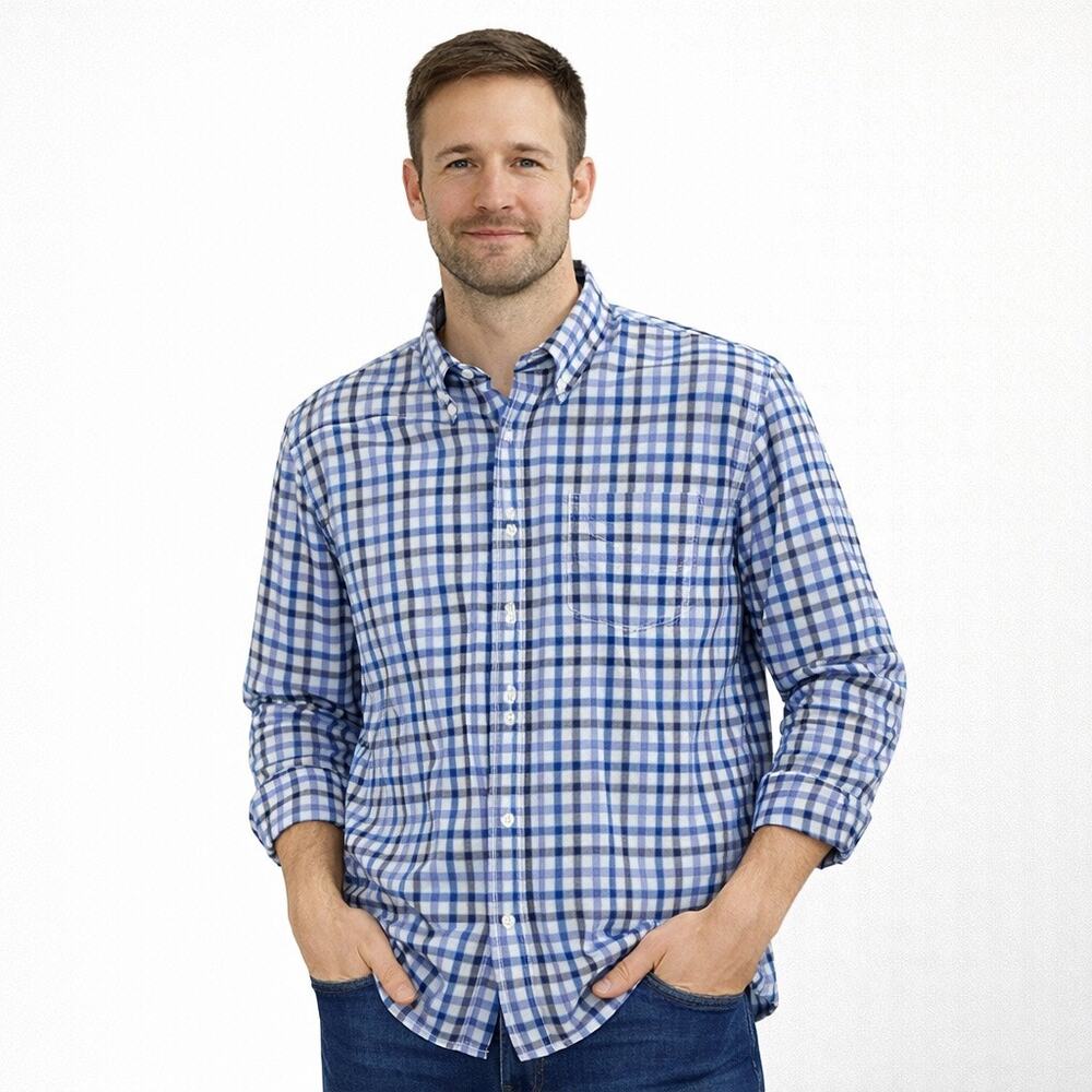 Untuckit Button Down Shirt Mens XL Blue White Check Classic Long Sleeve Stretchy